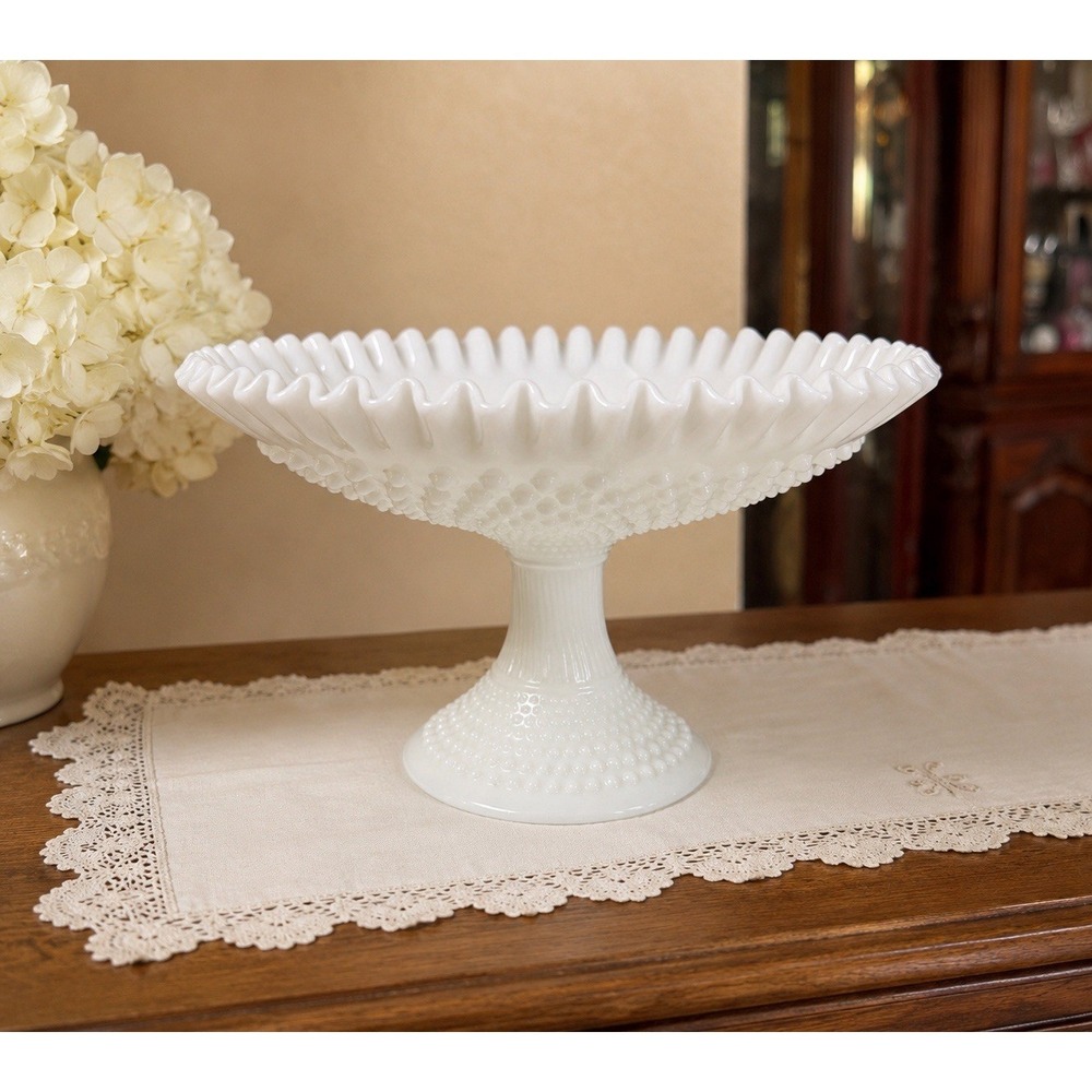 Vintage Fenton Hobnail Milk Glass Pedestal‎ Compote Bowl Crimped Edge 11"